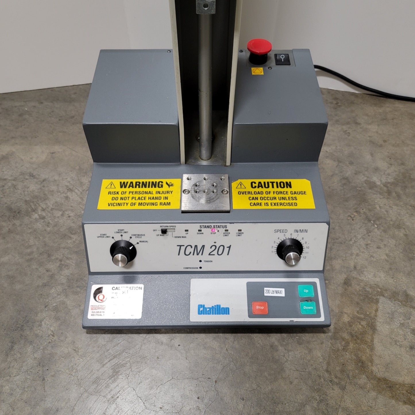 Used Chatillon TCM201 Motorized Force Tester 200lbf Capacity, 18" Travel, 115VAC