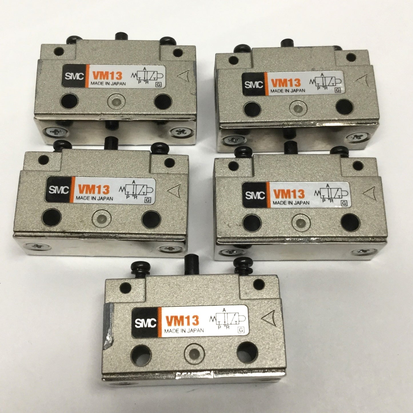Used Lot of 5 SMC VM130-01-00 Pneumatic Mechanical Air Valve Switch, 3-Port, R 1/8"