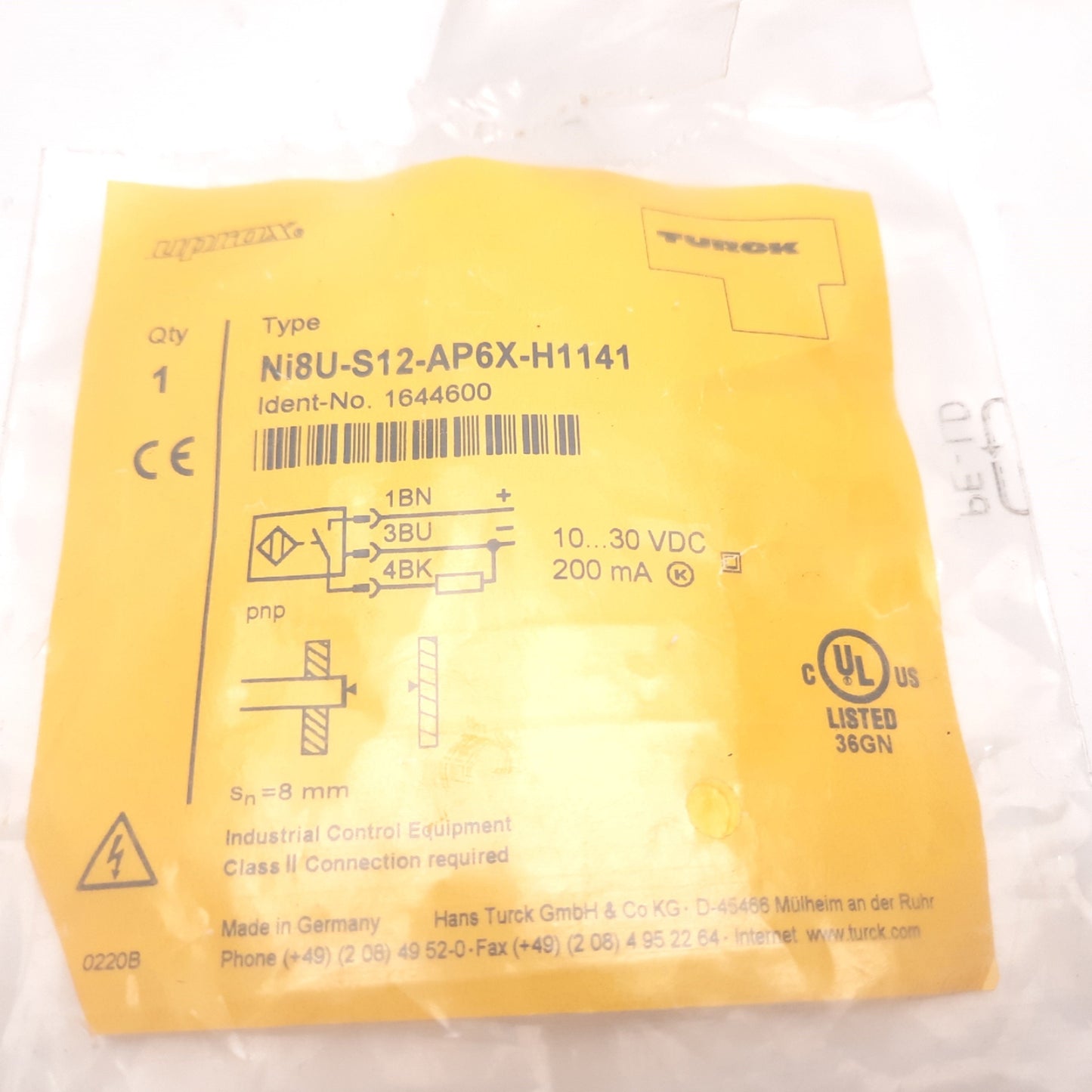 New Turck Ni8U-S12-AP6X-H1141 Inductive Proximity Sensor, 8mm, 10-30VDC, PNP N/O