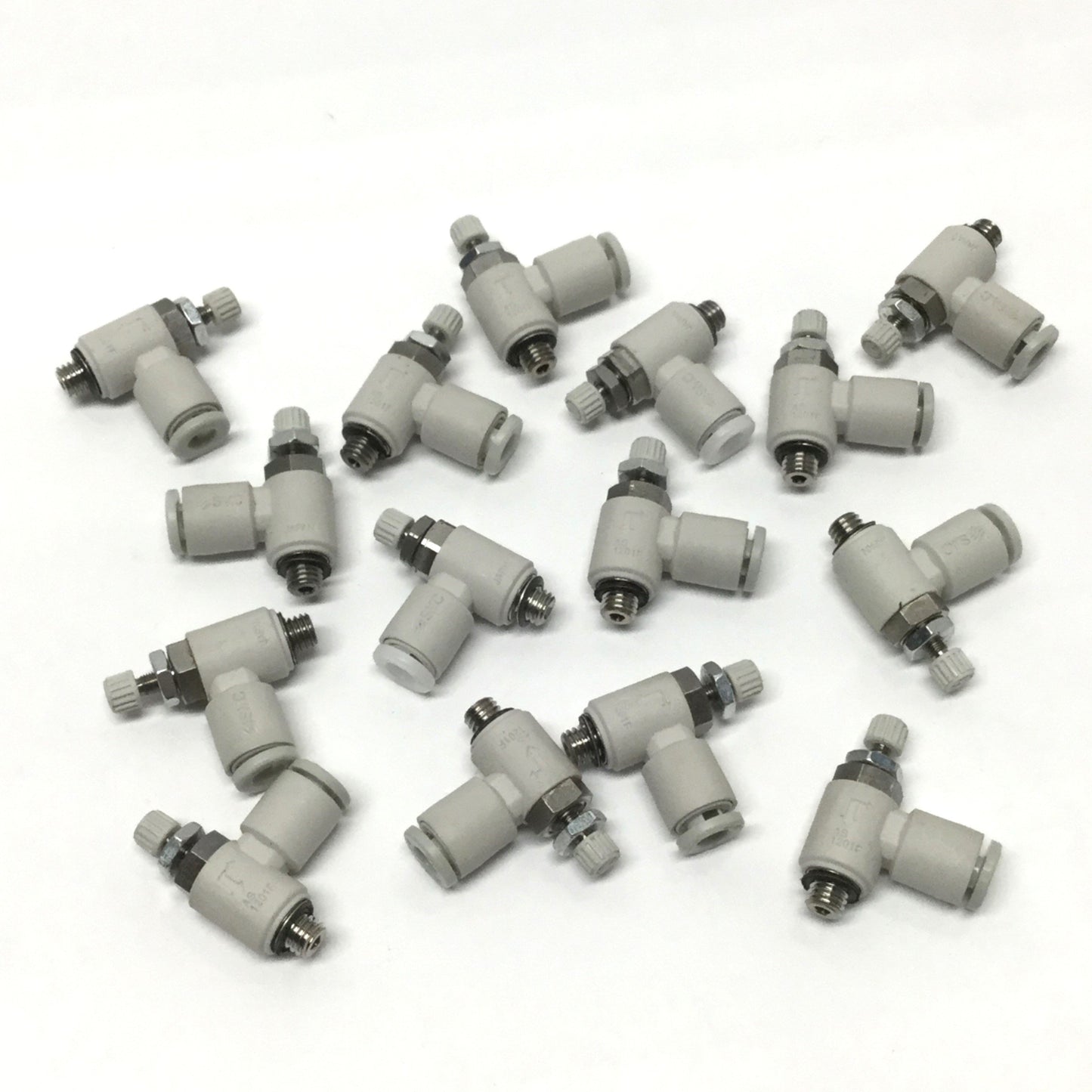 Used Lot of 15 SMC AS1201F-M5-04 Elbow Flow Controls, M5x0.8, 4mm Tube One-Touch