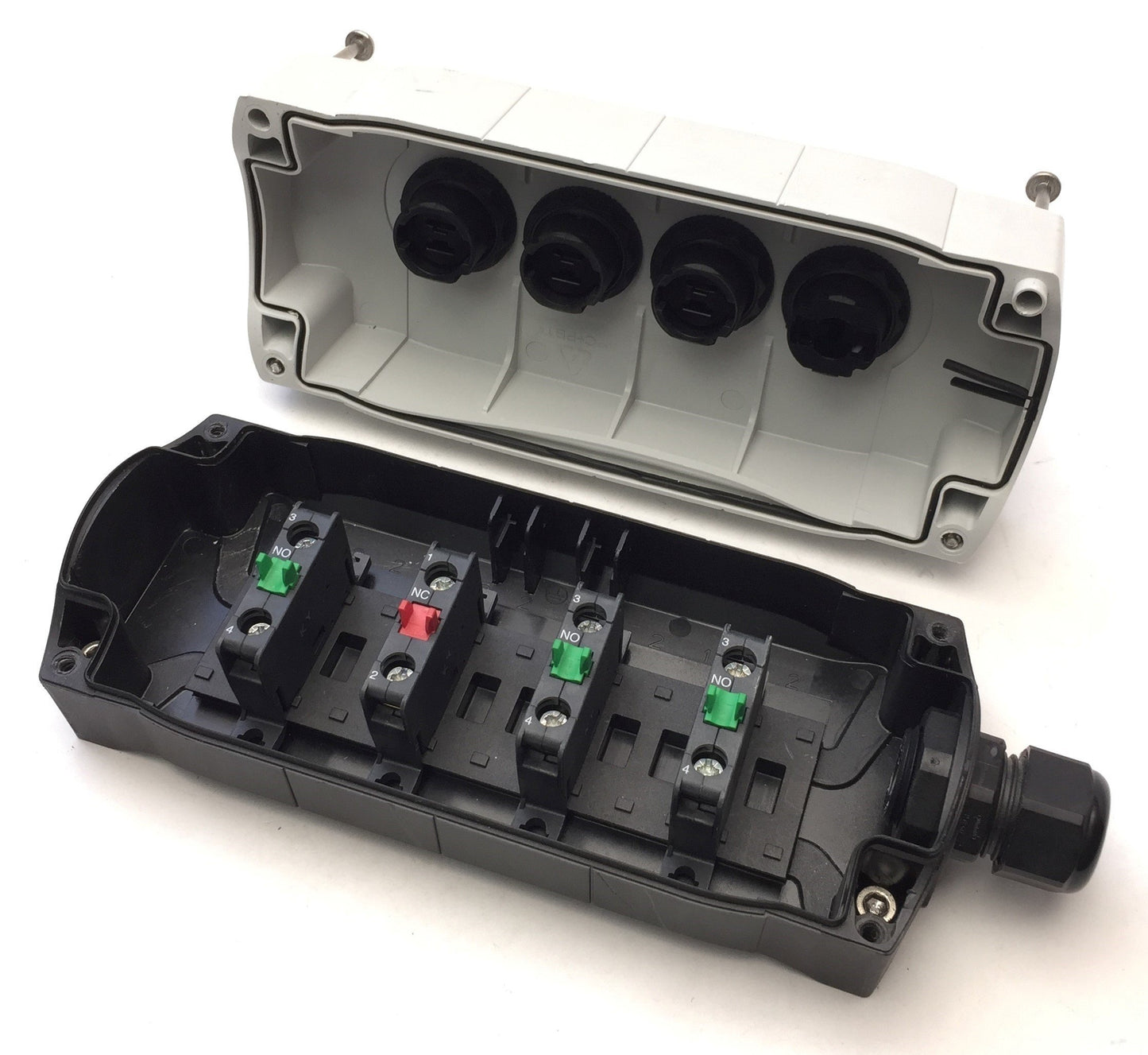 Used Allen Bradley 800F-4PM Plastic Pushbutton Enclosure Type 4/4x w/ Switches, 22mm