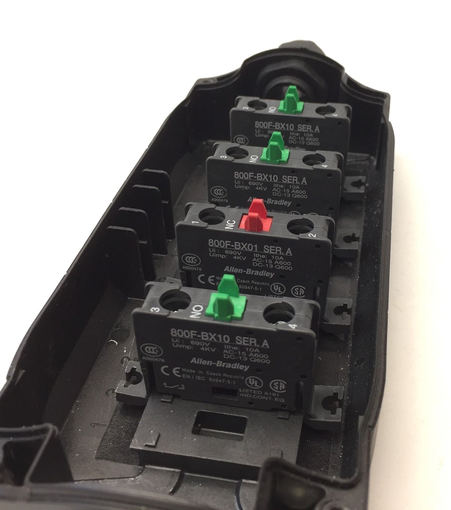 Used Allen Bradley 800F-4PM Plastic Pushbutton Enclosure Type 4/4x w/ Switches, 22mm