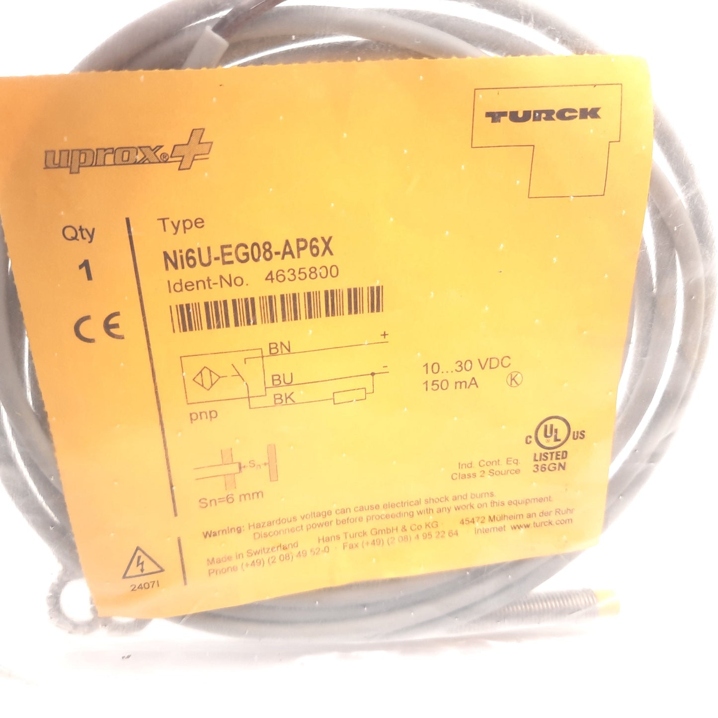 New Turck Ni6U-EG08-AP6X Inductive Proximity Sensor, 6mm, 10-30VDC, 150mA, PNP N/O