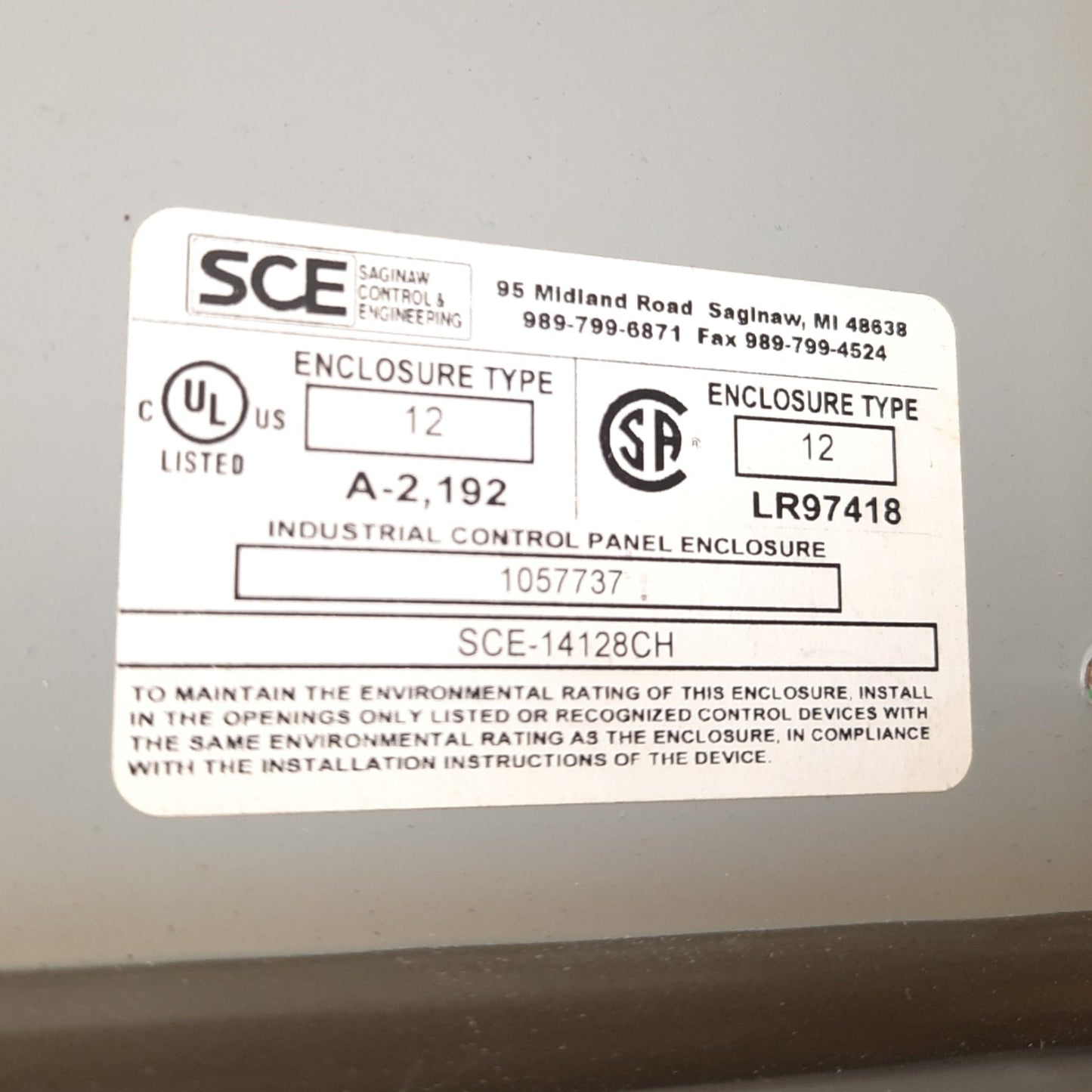 Used Saginaw SCE-14128CH Electrical Enclosure, 14" x 12" x 8", Steel, *Holes Added*