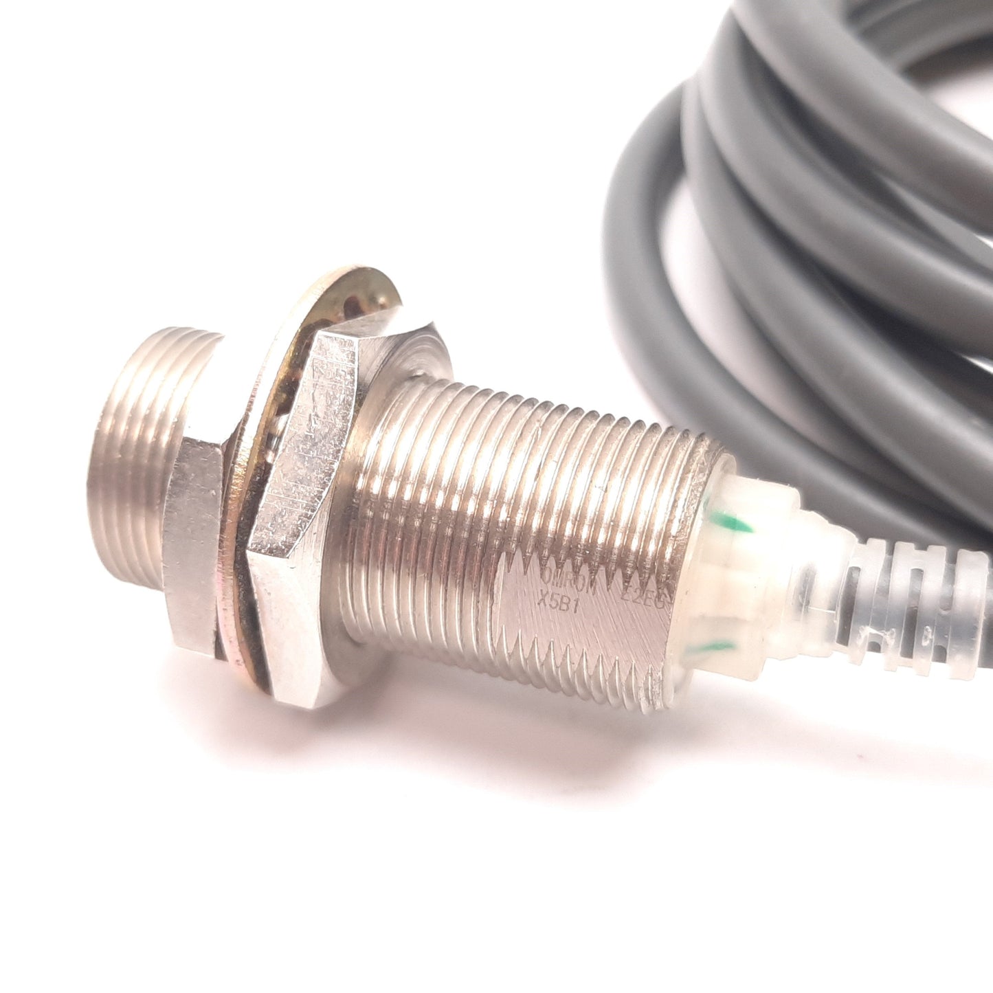 Used Omron E2EG-X5B1 Inductive Proximity Sensor, 5mm, 12-24VDC, PNP N/O, M18, 2m