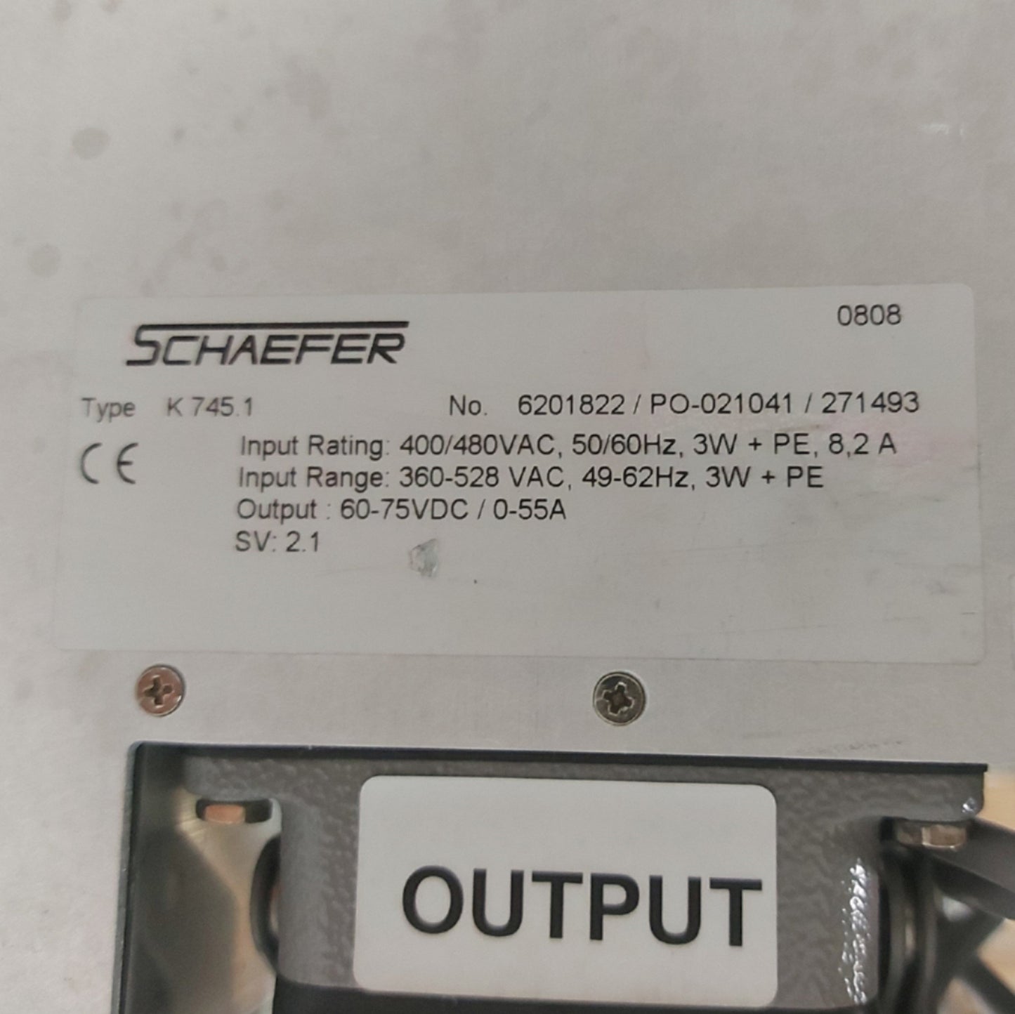 Used Schaefer K 745.1 DC Power Supply, Output: 60-75VDC 55A, Input: 3PH 400/460VAC