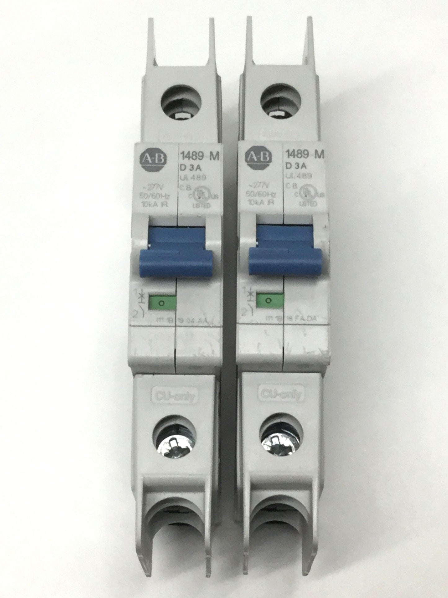 Used Lot of 2 Allen Bradley 1489-M1D030 Circuit Breakers, 3A, D-Curve, 1-Pole, 277VAC