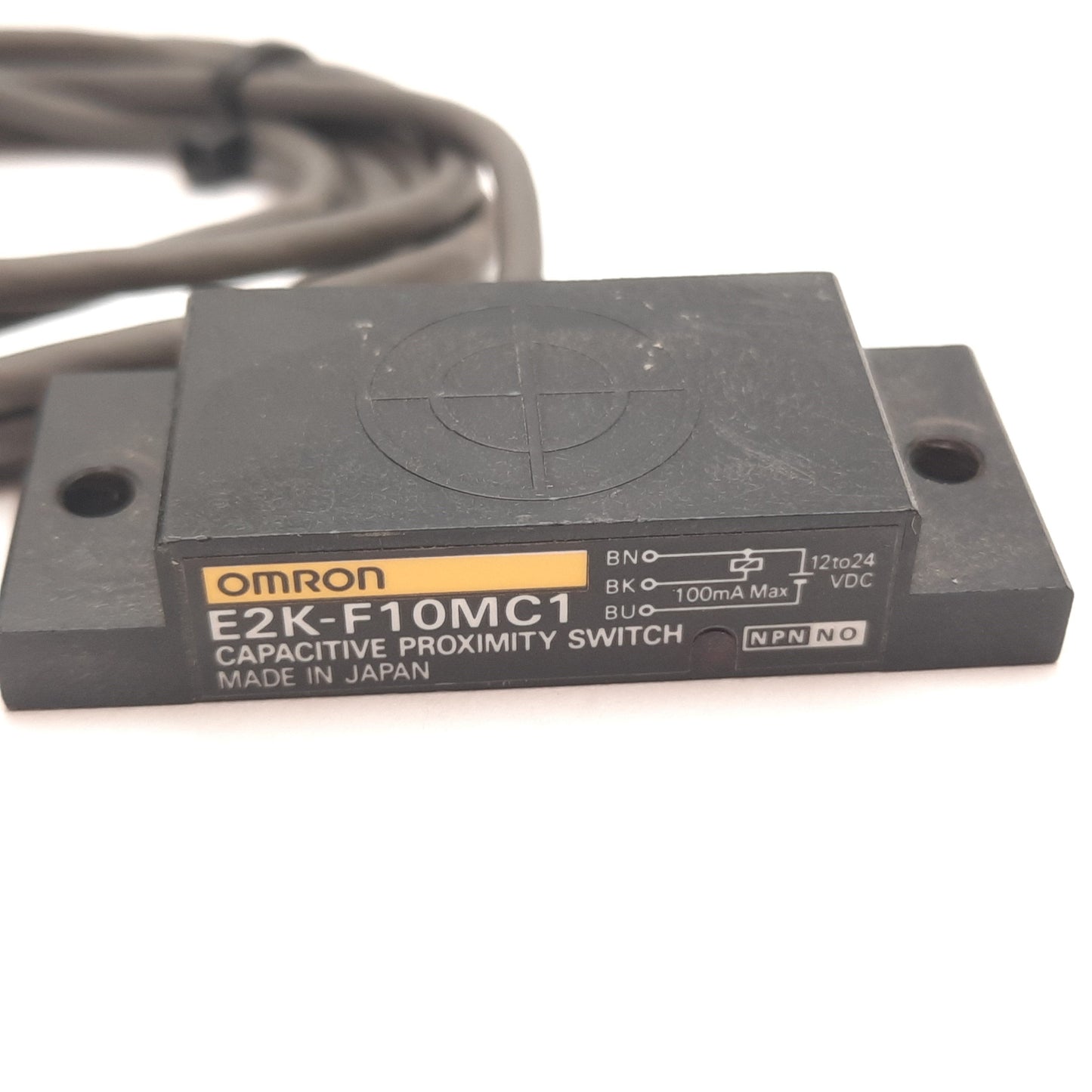 Used Omron E2K-F10MC1 Capacitive Proximity Sensor, 10mm, 12-24VDC 100mA, NPN N/O