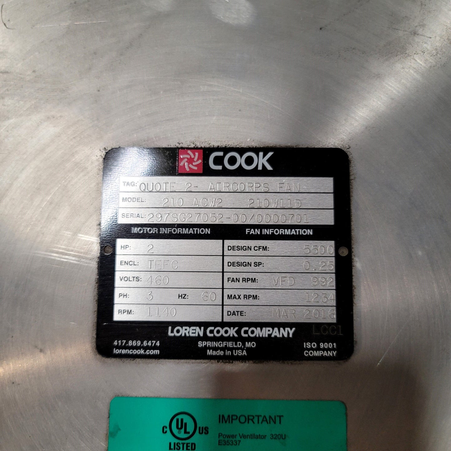 New – Open box Loren Cook 210W11D Wall Mount Centrifugal Exhaust Ventilator 5500CFM 460VAC 3-PH