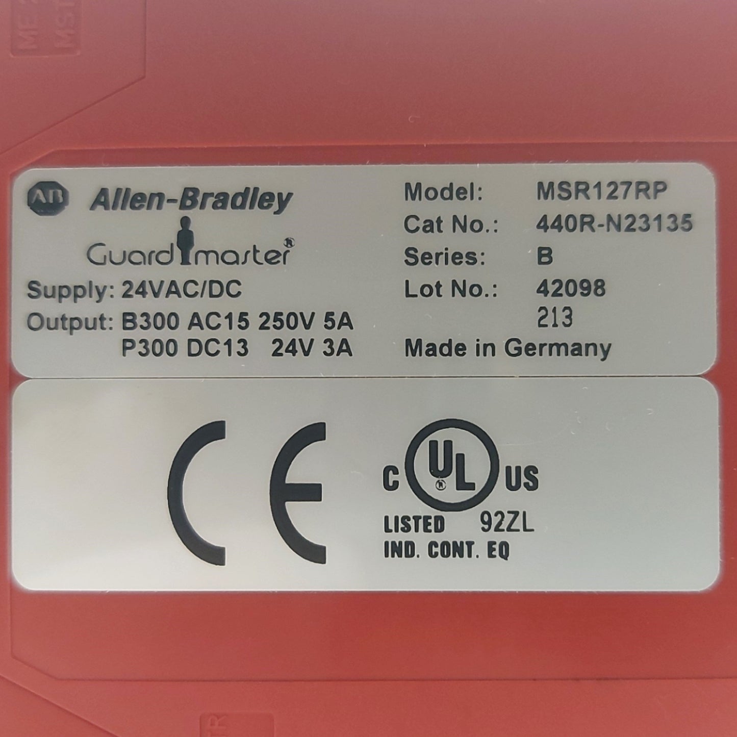 Used Allen-Bradley 440R-N23135 MSR127RP Series B Safety Relay 2x NC in 3-Pole Aux 24V
