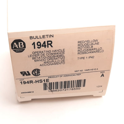 New Allen Bradley 194R-HS1E Rotary Disconnect Switch Handle, Red/Yellow, ON-OFF, 90°
