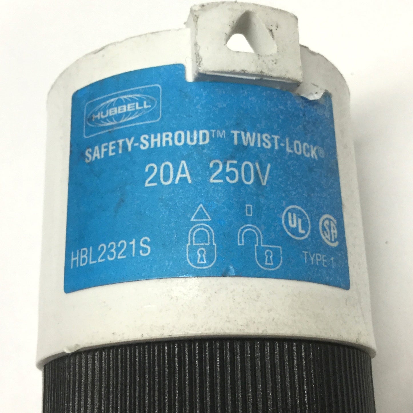 Used Hubbell HBL2321S Safety-Shroud Twist-Lock Plug 20A, 2-Pole, 3-Wire NEMA L6-20P