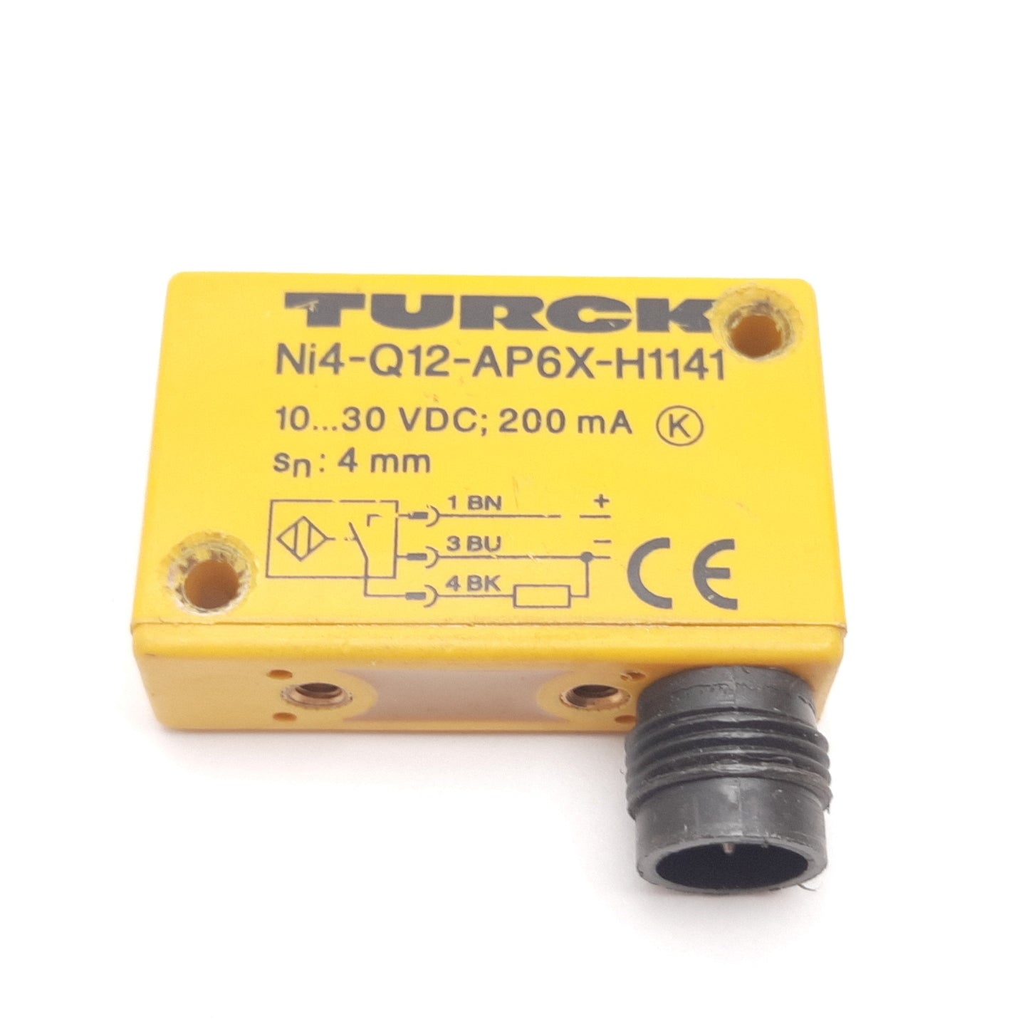 Used Turck Ni4-Q12-AP6X-H1141 Inductive Proximity Sensor, 4mm, 10-30VDC 200mA, PNP