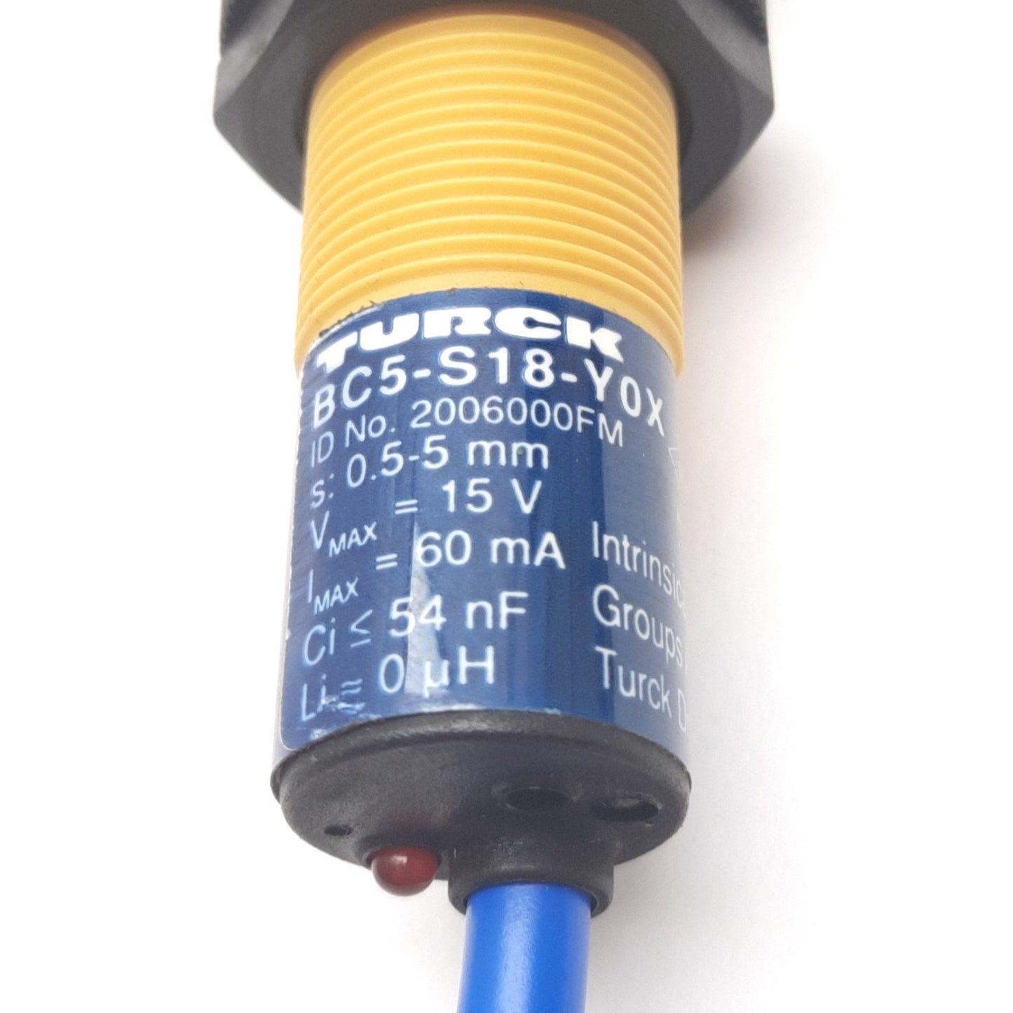 Used Turck BC5-S18-Y0X Capacitive Proximity Sensor, 5mm, 15V 60mA, M18, 2-Wire