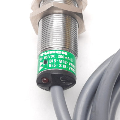 Used Turck Bi5-M18-VN4X Inductive Proximity Sensor, 5mm, 10-65VDC 200mA, NPN, 4-Wire