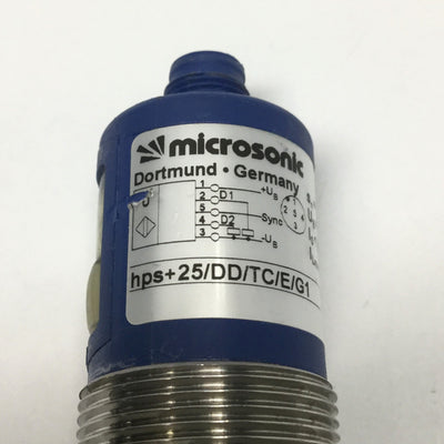 Used Microsonic hps+25/DD/TC/E/G1 Ultrasonic Sensor 30-250mm, 9-30VDC, 2x PNP 200mA