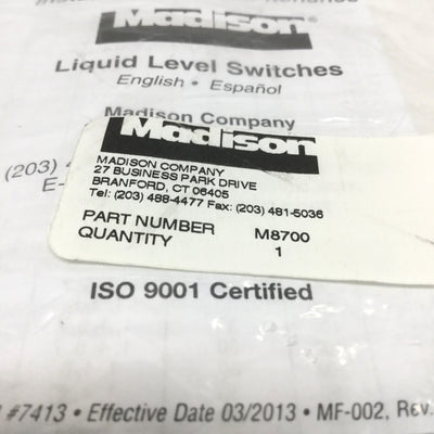 New Madison M8700 Polypropylene Side-Mounted Float Liquid Level Switch, 1/2" NPT