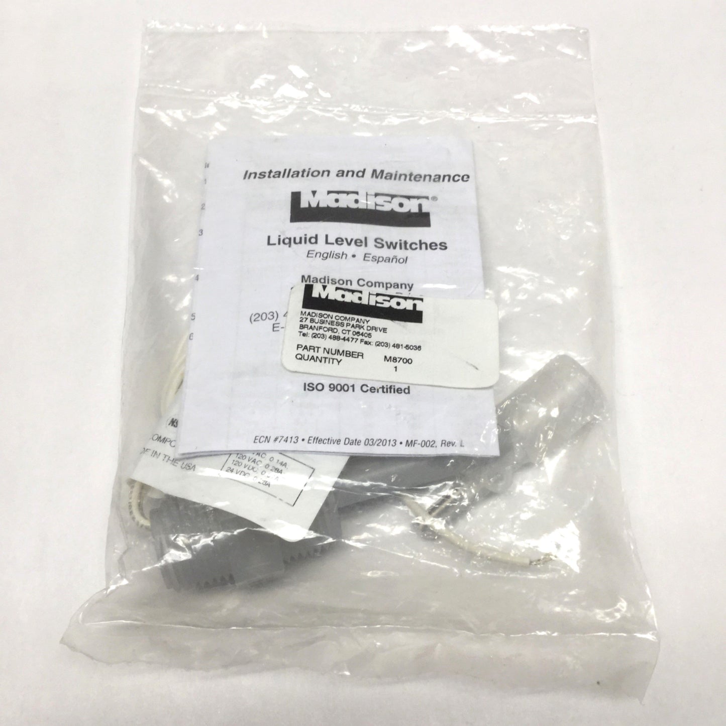New Madison M8700 Polypropylene Side-Mounted Float Liquid Level Switch, 1/2" NPT