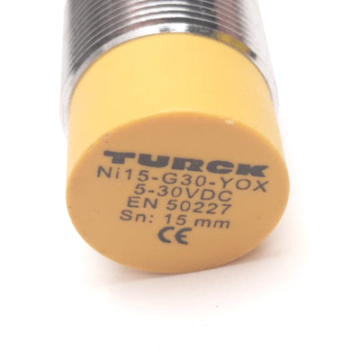 Used Turck Ni15-G30-Y0X Inductive Proximity Sensor, 15mm, 5-30VDC, M30x1.5, 2-Wire