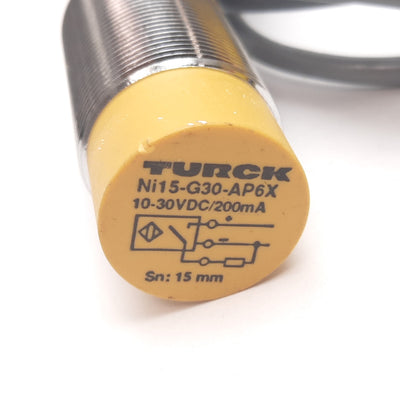 Used Turck Ni15-G30-AP6X Inductive Proximity Sensor, 15mm, 10-30VDC, PNP N/O