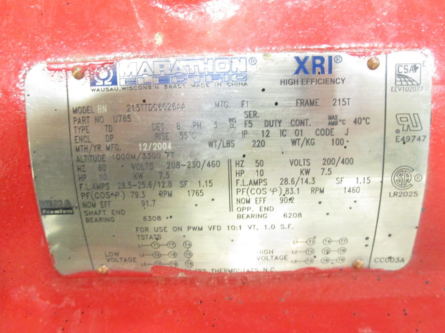 Used Marathon BK215TTDC6026AA Motor 10HP 208-230/460V 7.5kW 50/60Hz 1765RPM