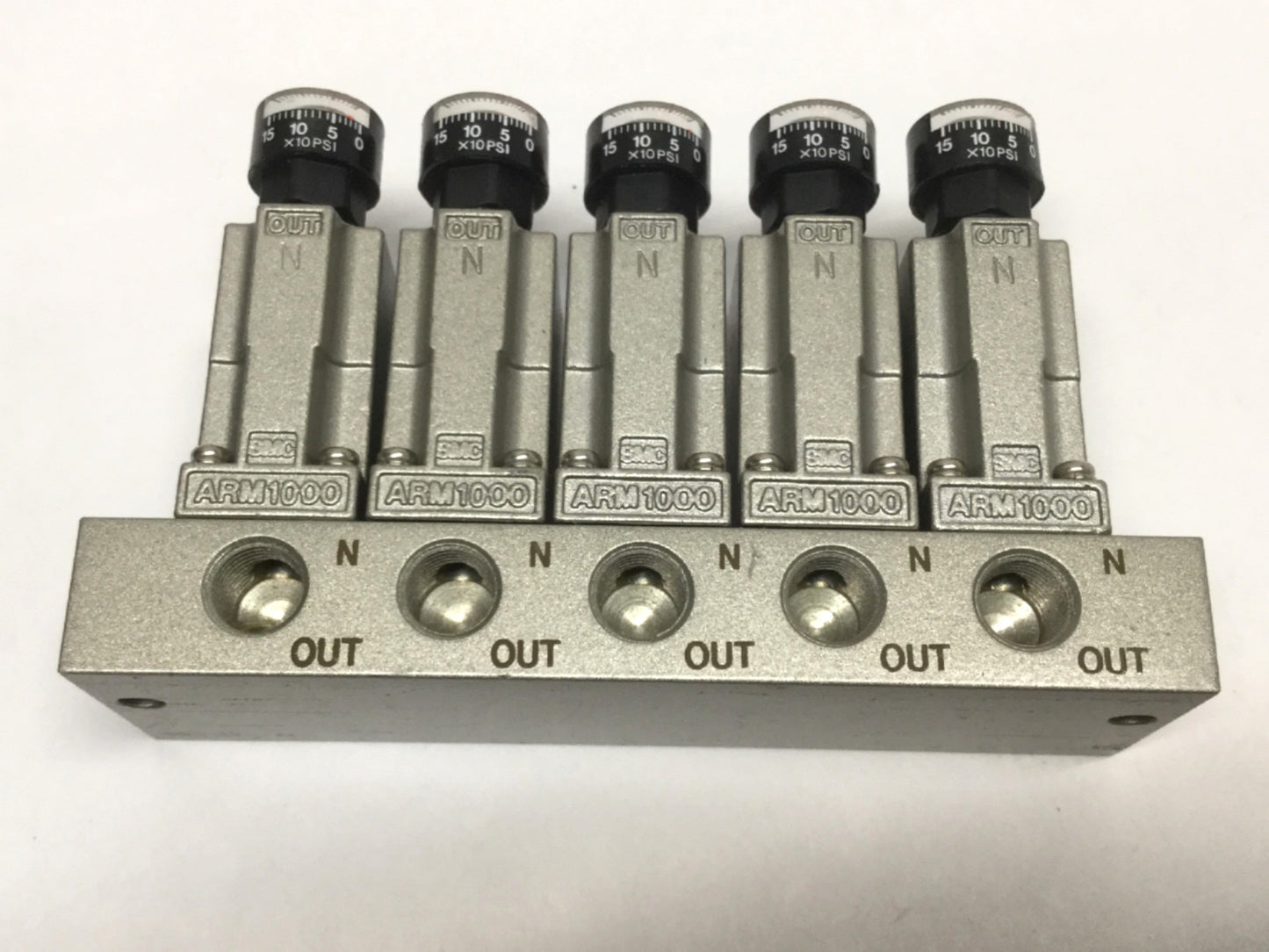 Used SMC ARM1000-5B2-01G Pressure Regulator Manifold, 5-Station, 7-100psi w/Gauges