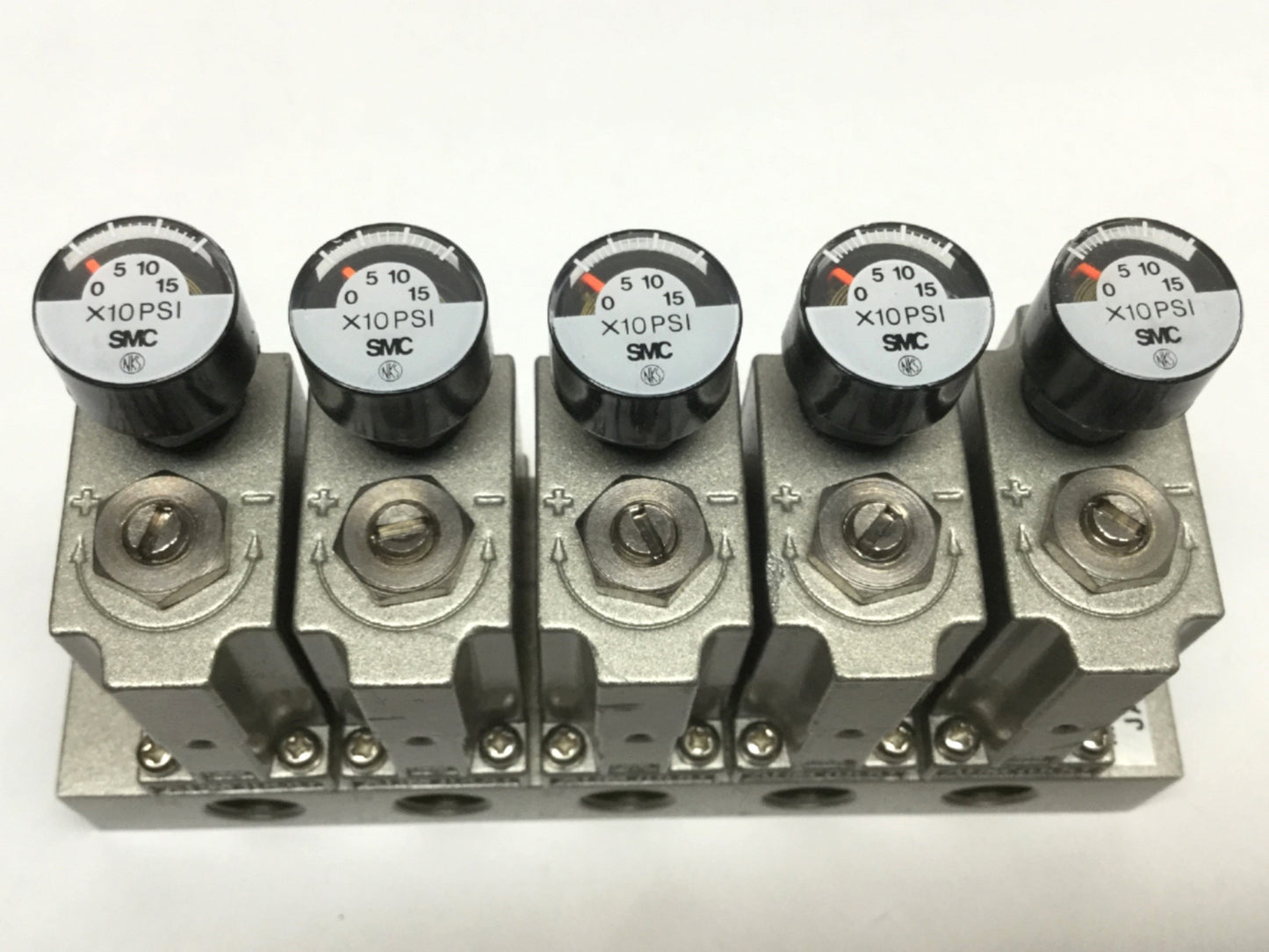 Used SMC ARM1000-5B2-01G Pressure Regulator Manifold, 5-Station, 7-100psi w/Gauges