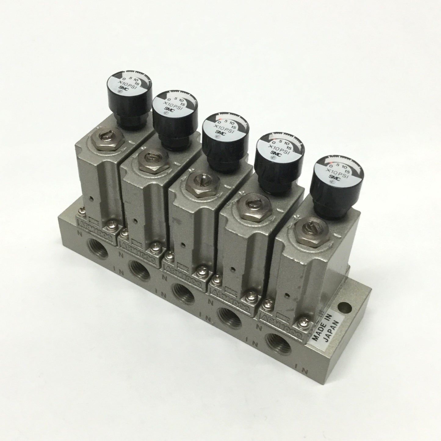 Used SMC ARM1000-5B2-01G Pressure Regulator Manifold, 5-Station, 7-100psi w/Gauges