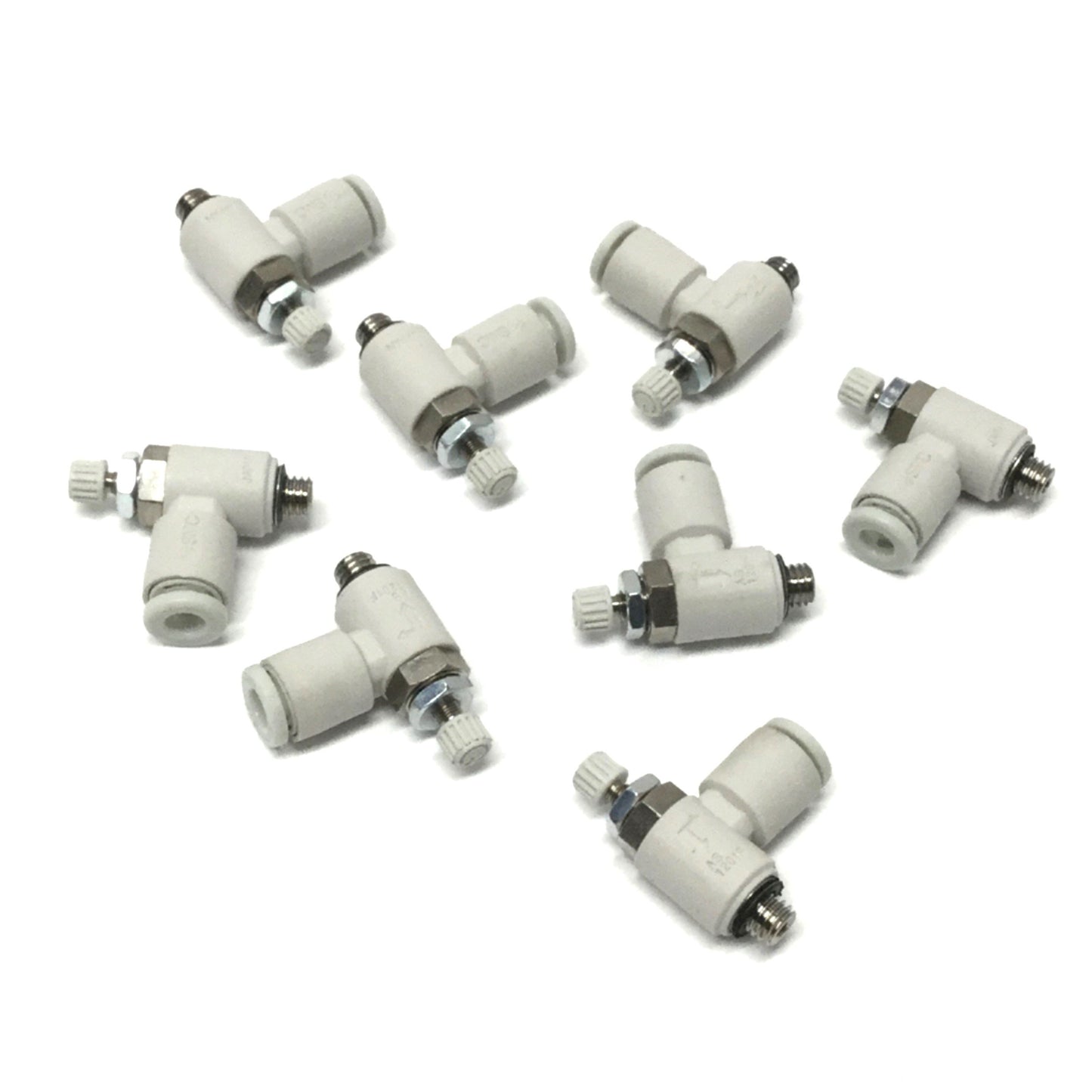 Used Lot of 8 SMC AS1201F-M5-04 Elbow Flow Controls, M5x0.8 Thread, 4mm Tubing