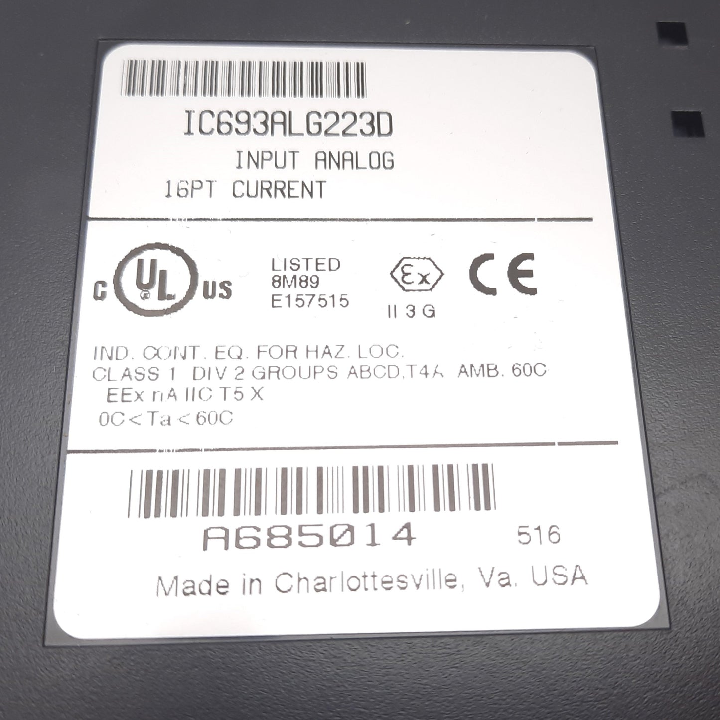 Used GE Fanuc IC693ALG223D PLC Analog Current Input Module, 16PT 4-20mA, Broken Mount