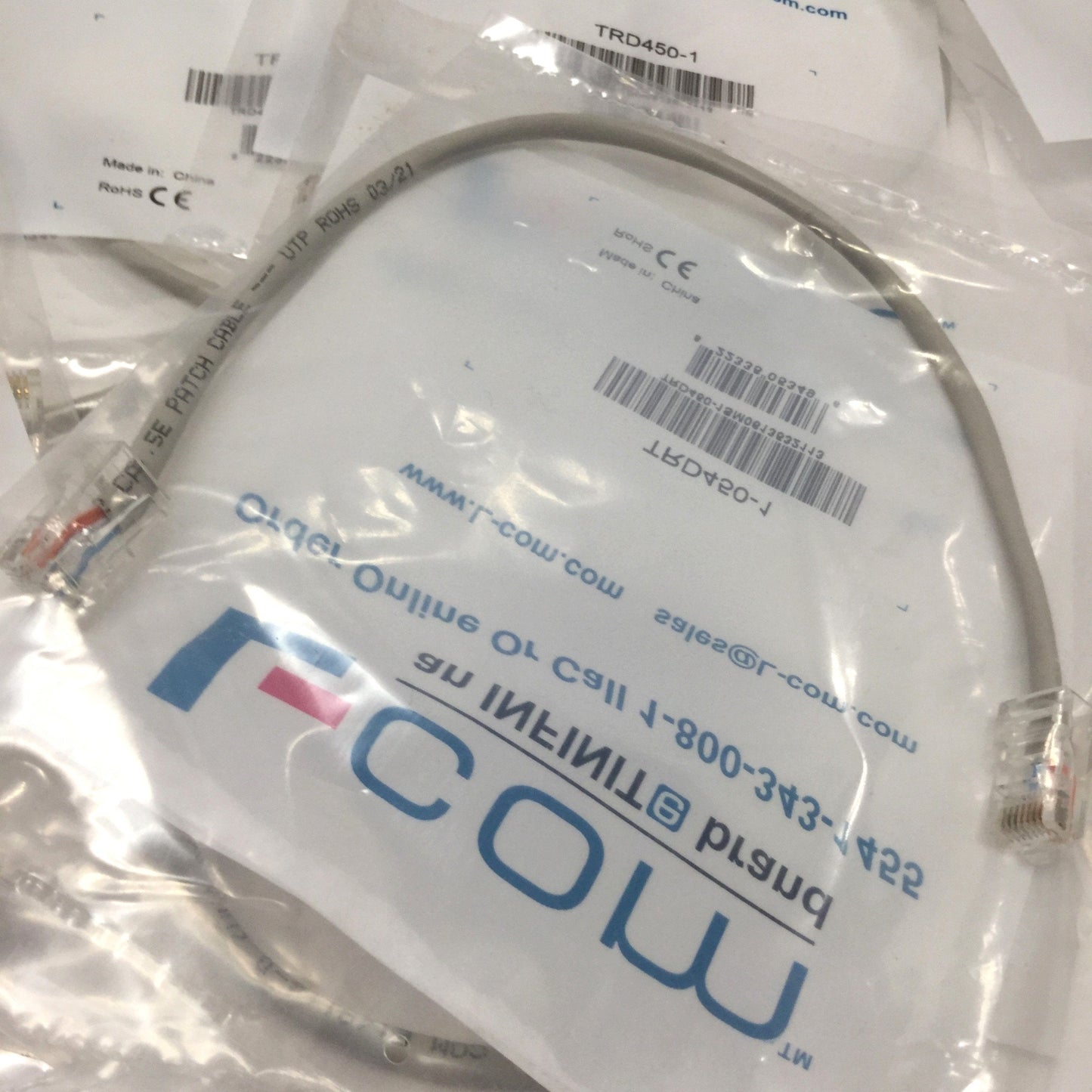 New Other Lot of 13 L-COM TRD450CR-1 Ethernet Patch Cables, Cat 5E, 10Base-T, RJ45, 1ft