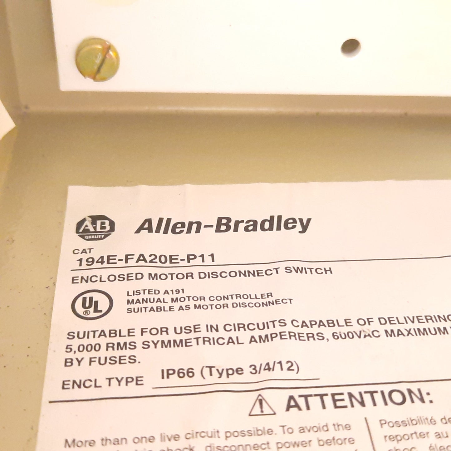 Used Allen Bradley 194E-FA20E-P11 Disconnect Switch Enclosure, 6" x 4" x 5.5", Steel