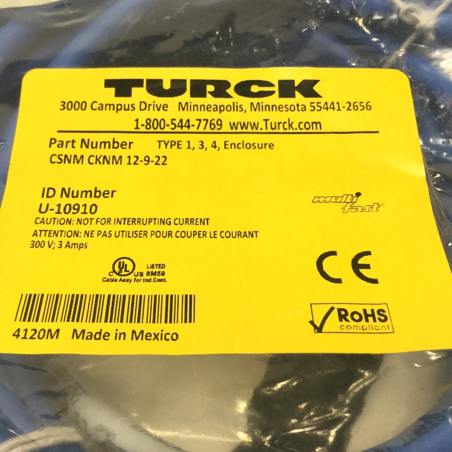 New – Open box Turck CSNM CKNM 12-9-22 Cordset Cable M23 12-Pin, 9-Wire Male to Female, 22m