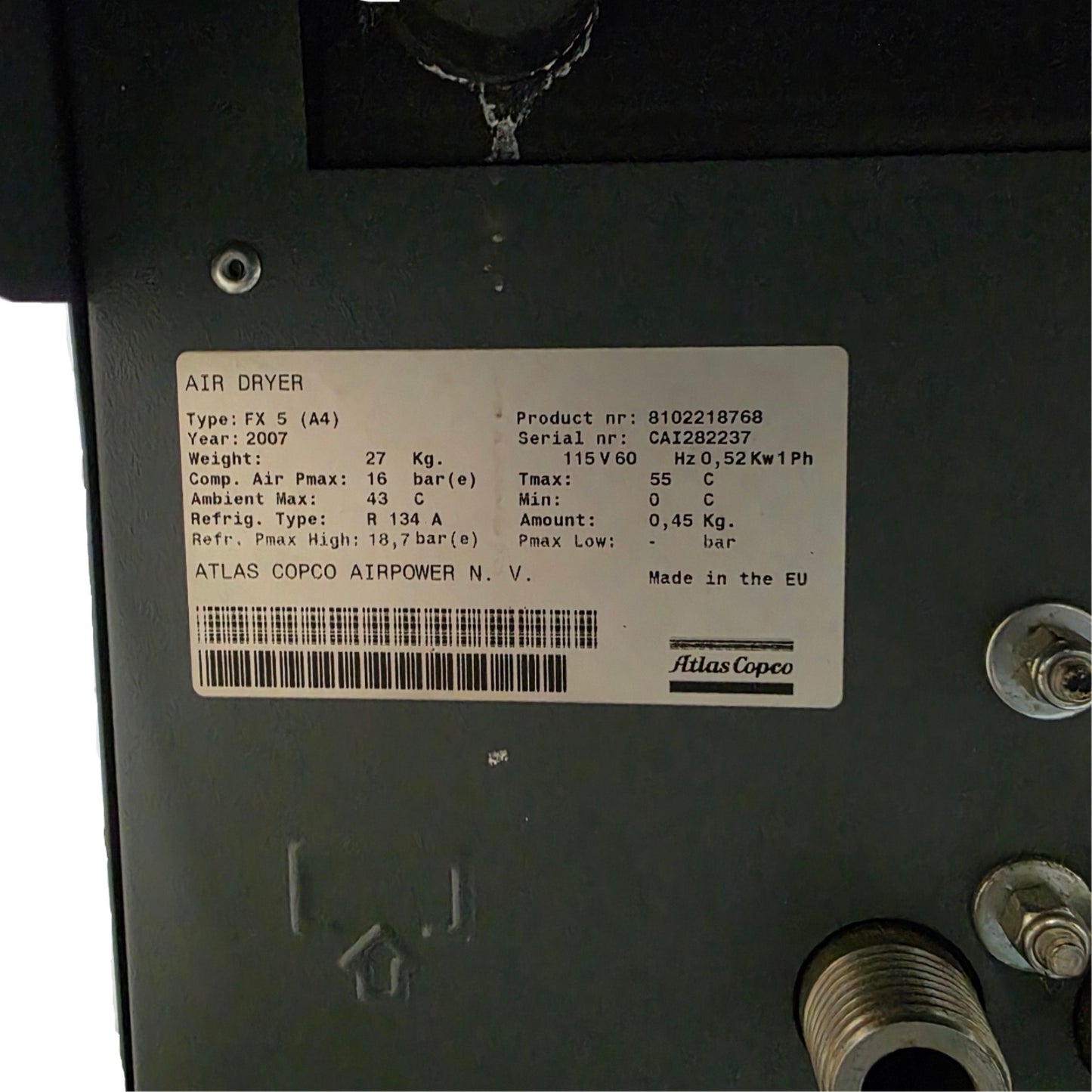 Used Atlas Copco FX5 Non-Cycling Refrigerated Air Dryer 115VAC 60Hz, 74CFM, 232psi