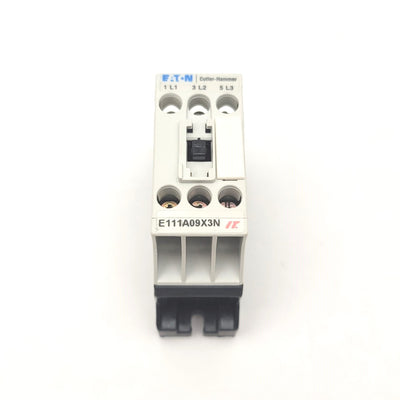 New – Open box Eaton E111A09X3N Non-Reversing Motor Contactor 3-Pole, 24VDC, 575VAC, 4kW, 9A