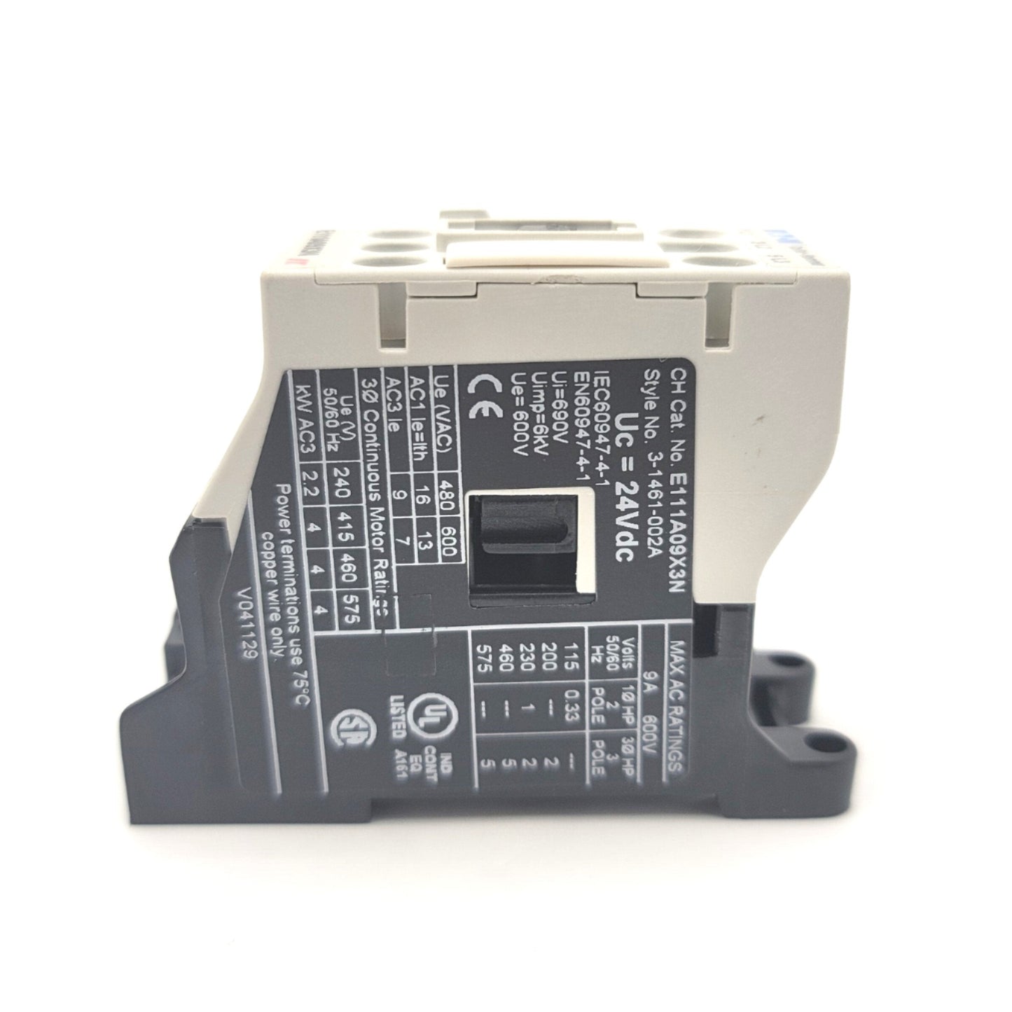 New – Open box Eaton E111A09X3N Non-Reversing Motor Contactor 3-Pole, 24VDC, 575VAC, 4kW, 9A