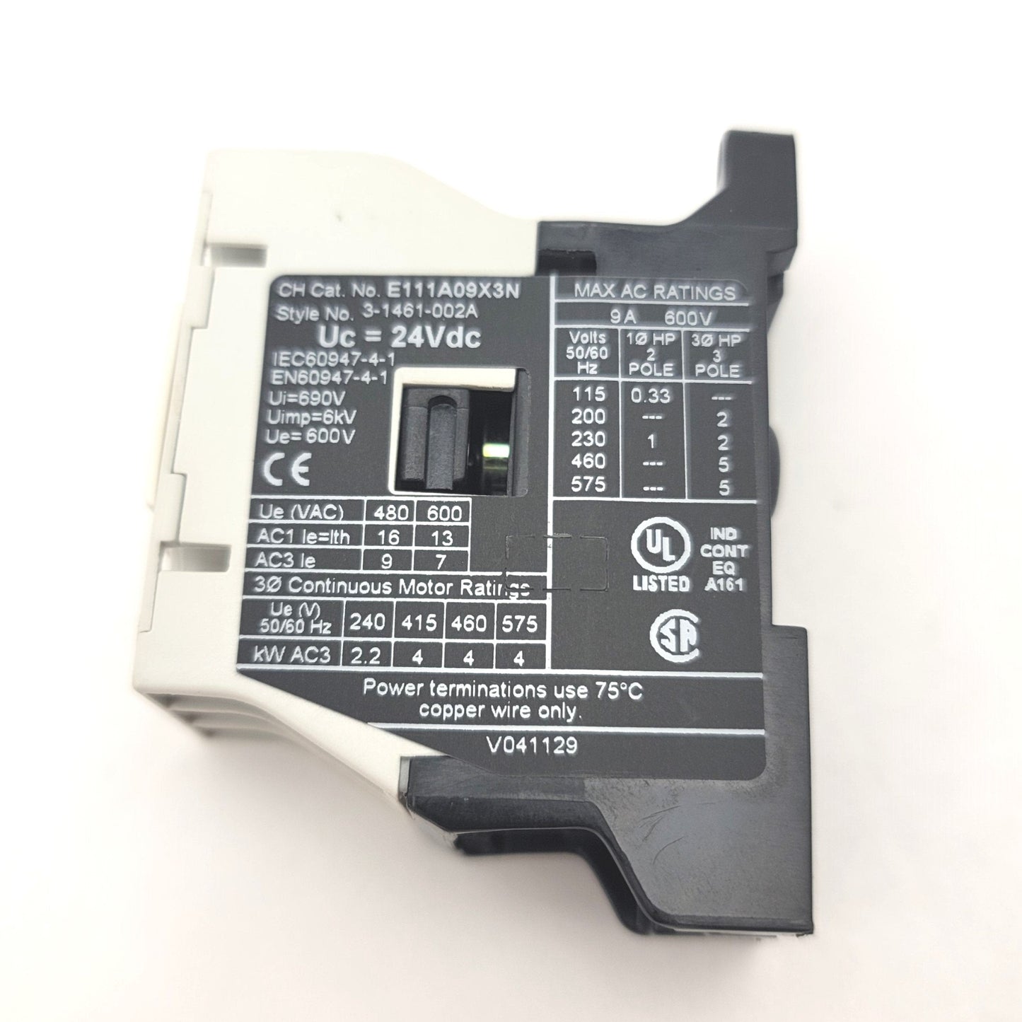 New – Open box Eaton E111A09X3N Non-Reversing Motor Contactor 3-Pole, 24VDC, 575VAC, 4kW, 9A