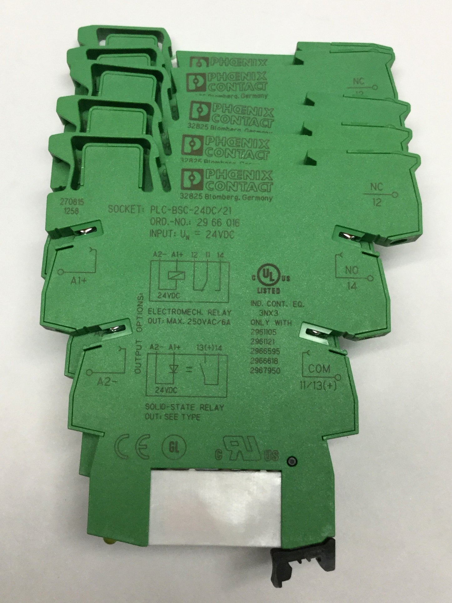 Used Lot of 5 Phoenix PLC-BSC-24DC/21 Terminal Sockets w/SPDT 6A Relay 2961105 24VDC