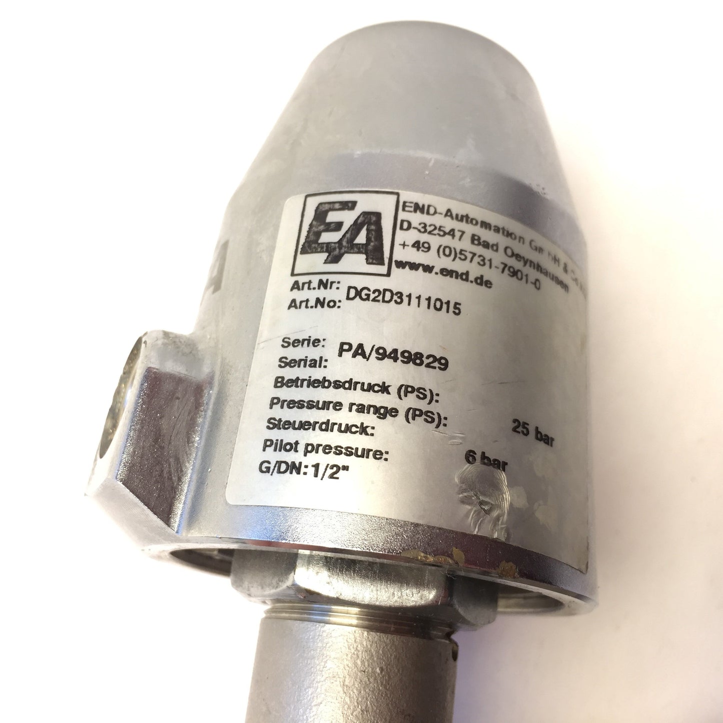 Used End Automation DG2D3111015 Stainless Steel Pressure Valve, G1/2" Thread, 25 bar