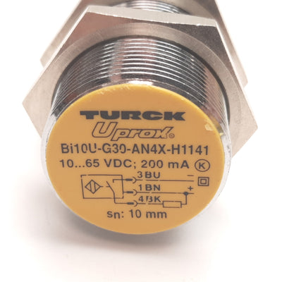 Used Turck Bi10U-G30-AN4X-H1141 Inductive Proximity Sensor, 10mm, 10-65VDC, NPN N/O