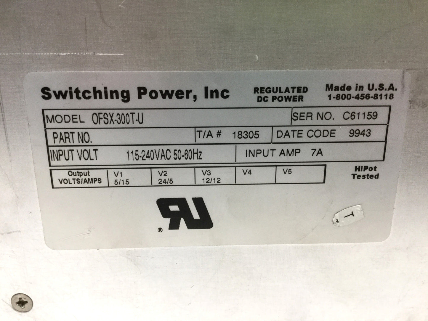 Used Switching Power OFSX-300T-U Supply 100-240VAC In, 5/12/24VDC 15A/12A/5A 3-Output