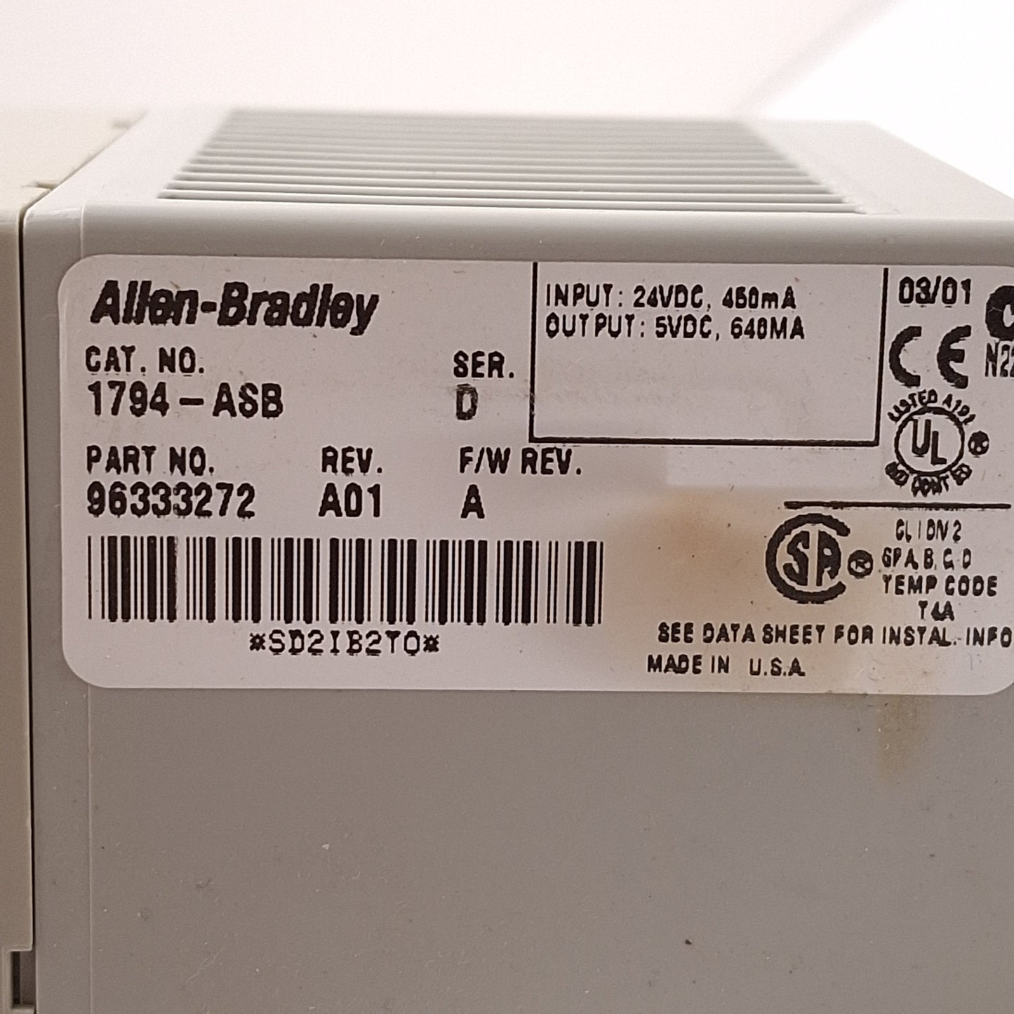 Used Allen Bradley 1794-ASB Ser D Flex I/O Power Supply RIO Remote Adapter 24VDC