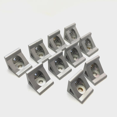 Used Lot of 10 Aluminum Extrusion Inside Gusseted Corner Brackets, 2-Hole, 1.5 x 1.5"