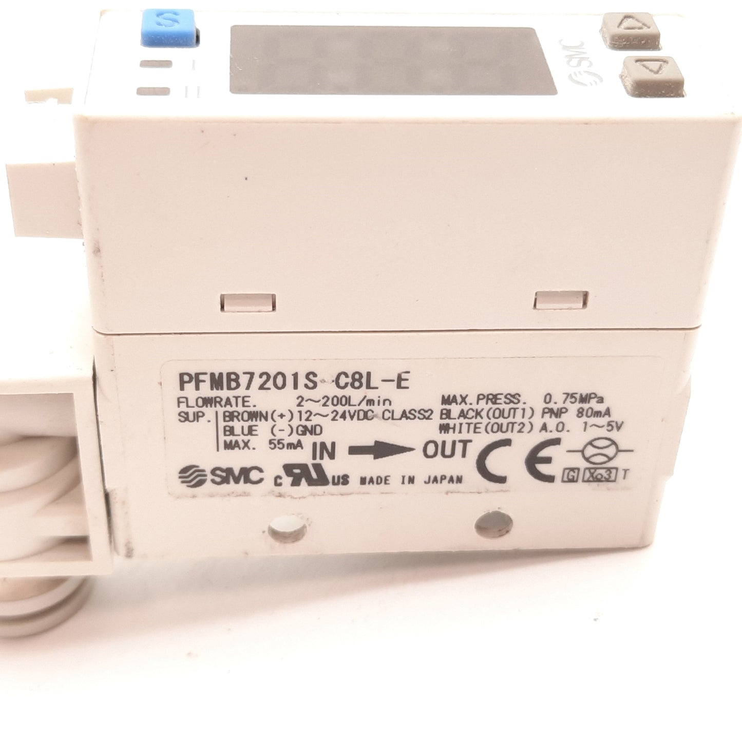 Used SMC PFMB7201S-C8L-E Digital Flow Switch, 2-200L/min, 12-24VDC, 0.75MPa, PNP