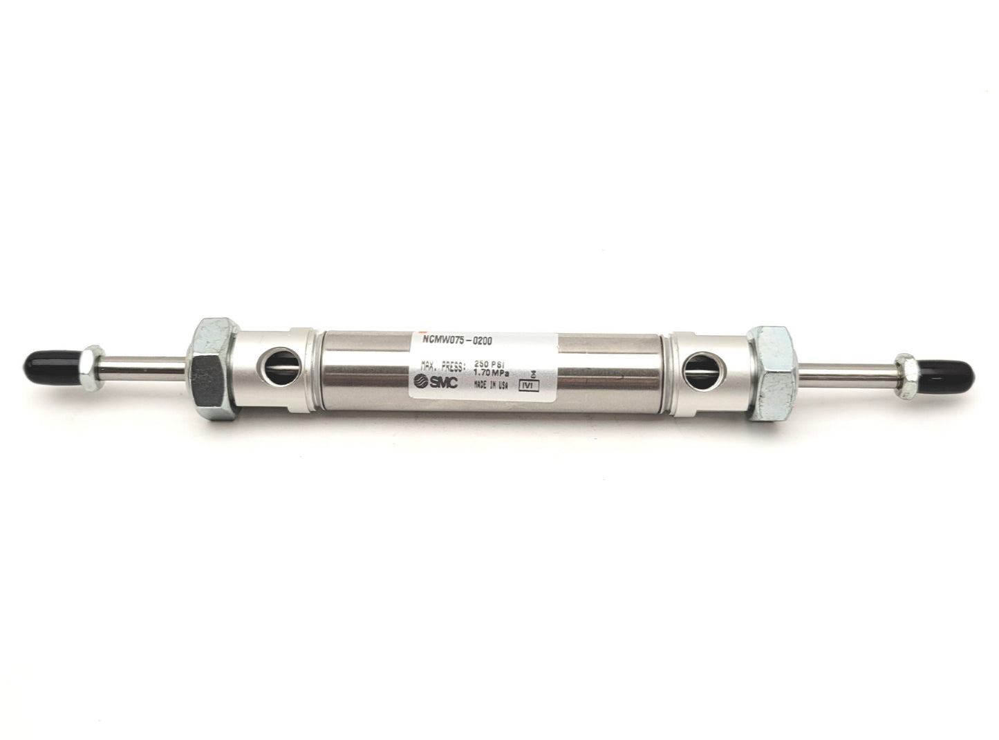 Used SMC NCMW075-0200 Double Rod Round Body Cylinder Bore: 3/4", Stroke: 2", 8-250psi