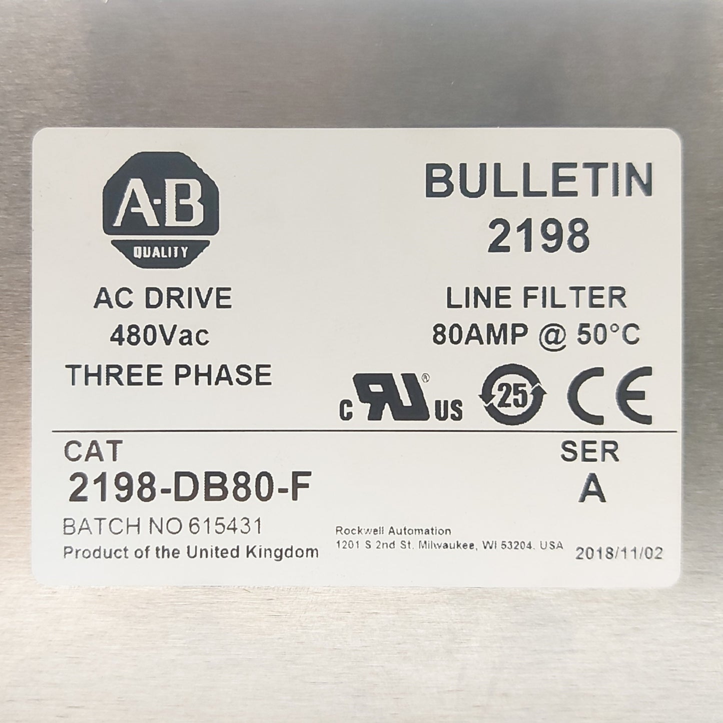 Used Allen Bradley 2198-DB80-F Three Phase Line Filter, 480VAC 80A, 310 x 190 x 92mm