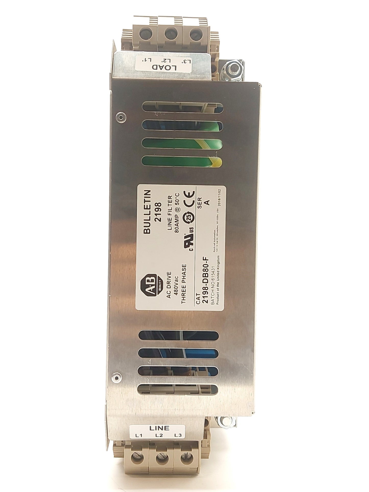 Used Allen Bradley 2198-DB80-F Three Phase Line Filter, 480VAC 80A, 310 x 190 x 92mm