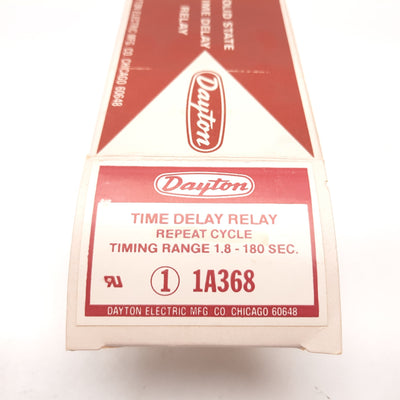 New – Open box Dayton 1A368 Solid State Time Delay Relay, Repeat Cycle, 1.8-180sec, 120VAC