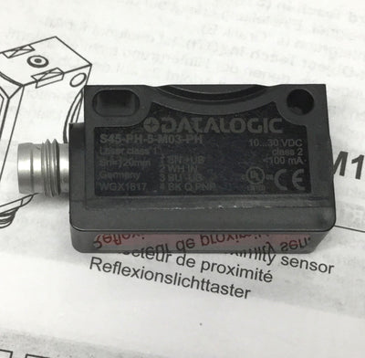 New Other Datalogic S45-PH-5-M03-PH Laser Proximity Sensor, PNP, 10-120mm, 10-30VDC, M8