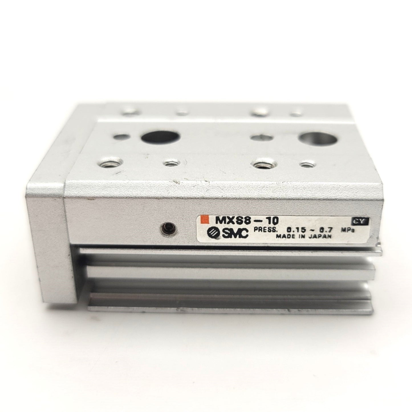 Used SMC MXS8-10 Linear Pneumatic Slide Table Bore: 6mm, Stroke: 10mm, M3 x 0.5